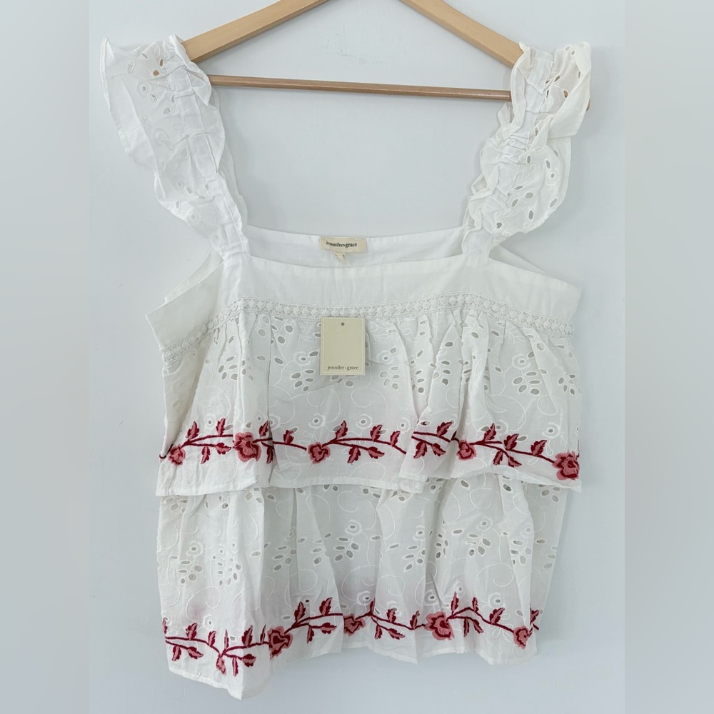 JENNIFER & GRACE Sz L White Eyelet Top Pink Red Embroidery Sleeveless Boho NWT